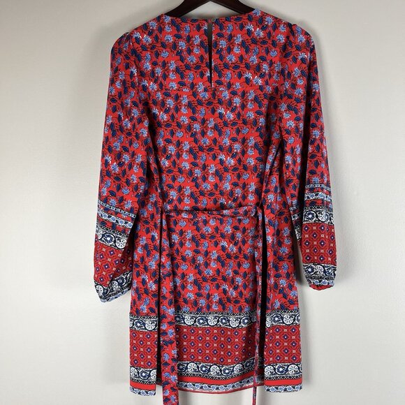 Loft S Petite Dress Floral Tie Waist Puff Sleeve Boho Red Blue - Picture 2 of 7